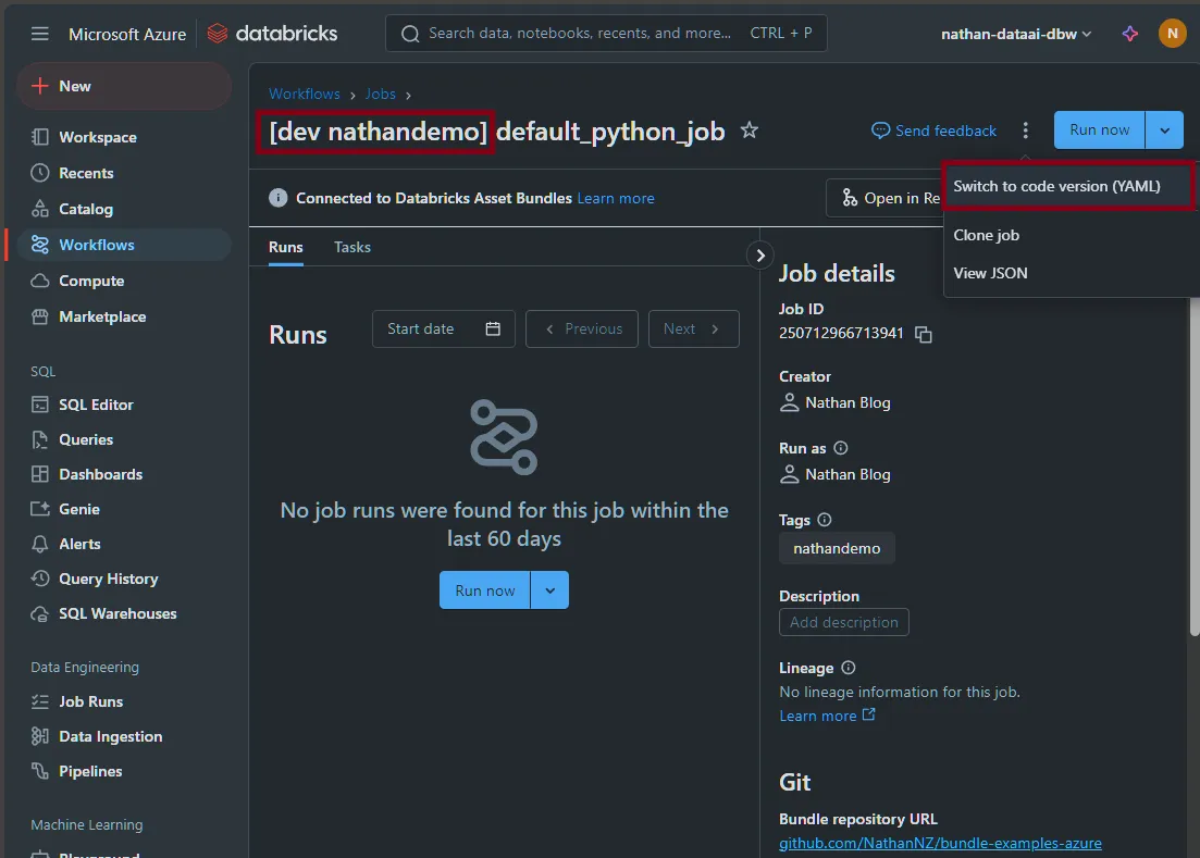 View deployed resources to ensure they exist and check out the Switch to Code version option